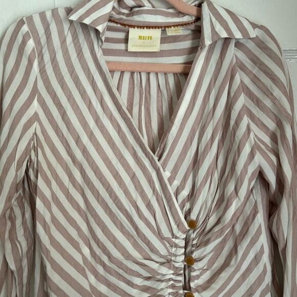 Maeve by Anthropologie Tan & White Stripe Wrap Blouse - Size 4 - Picture 1 of 11